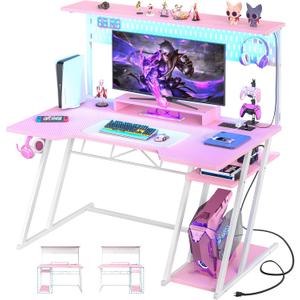 Armocity Gaming Computer Desk with Power Outlets, Gaming Desk with Hutch and LED Lights, Reversible PC Gaming Desk with Pegboard, Carbon Fiber Pink, 47"