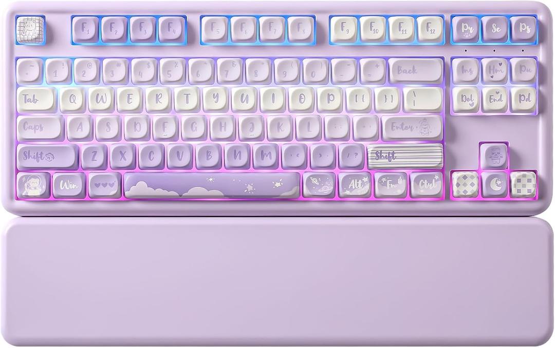 YUNZII B87 Wireless Mechanical Keyboard,QMK/VIA Programmable,TKL Layout 87 Keys,BT/2.4G/USB-C,Hot Swap Gasket Mount RGB Backlit Gaming with Wrist Rest for Win/Mac(Purple, Cocoa Cream V2)