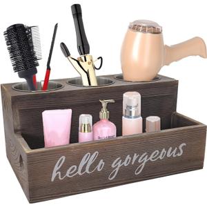 Hair Dryer Holder, Wooden Hair Tool Organizer, Bathroom Supplies Countertop Storage and Vanity Caddy for Blow Dryer Curling Iron Holder Hair Straightener Brush Hair Styling Accessories (brown)