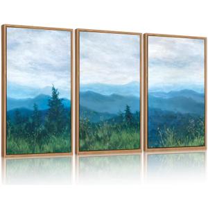 CHDITB Boho Blue Mountain Framed Wall Art Paintings(16"x24"), 3 Panels Blue White Sky Ridge Virginia Landscape Watercolor Canvas Artwork Printings, Large Modern Cloud Trees Nature Posters for Bedroom Living Room