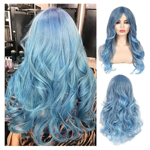 Blue Wig for Women Long Curly Wavy Pastel Blue Wig Side Part Synthetic Halloween Cosplay Wig