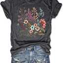 Women's Boho Flower T Shirt Vintage Flowers Printed Shirt Colorful Wildflower Graphic Tee Casual Botanical Short Sleeve (Medium, Dark Grey-2)