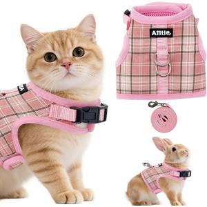 AIITLE Adjustable Bunny Harness & Leash Set - Soft Mesh Liner, Comfort Fit Plaid Pattern Vest with Magic Tape Design, Portable for  Animal Pets Puppy Cat Rat Squirrel Ferret, Pink L