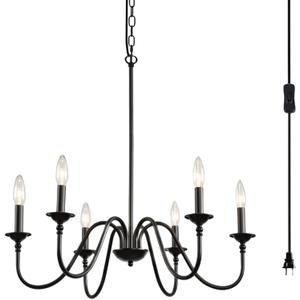 HOXIYA Pre-Wired Plug-in Chandelier, 28" Black Chandelier with Long Cord Farmhouse Chandelier Modern Hanging Pendant Light Rustic Industrial for Dining Living Room Bedroom Gazebo