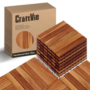 10 PCS Premium Acacia Interlocking Deck Tiles  12" x 12" Waterproof Hardwood Flooring (Not Fir, Not Plastic)  All-Weather Decking for Patio, Balcony, Garden, Indoor & Outdoor Use (10PCS - Checker Pattern)