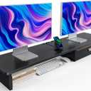 HUANUO Large Dual Monitor Stand with Drawer, Wood Monitor Stand Riser for 2 Monitors with Storage & Cable Management, Desktop Organizer up to 55" fit Monitor, Computer, TV, Printer