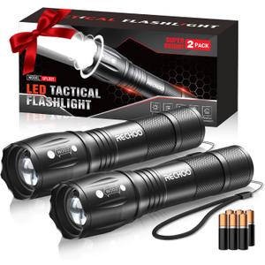 RECHOO LED Flashlight 2 Pack, Tactical Flashlights High Lumens with 3 Modes, Pocket Small Flash Light, Waterproof Zoomable Flashlights for Home Emergency, Camping Essentials (Battery Included) (Black)