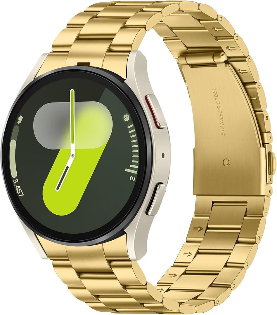 Metal Bands Compatible with Samsung Galaxy Watch 7 6 5 4 FE Band 44mm 40mm/Galaxy Watch 6 Classic 47mm 43mm/5 Pro 45mm, No Gap Stainless Steel Strap for Women and Men, Gold