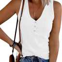 MEROKEETY Women's V Neck Tank Tops Summer Sleeveless Ribbed Button Casual Henley Shirts (Medium, White)