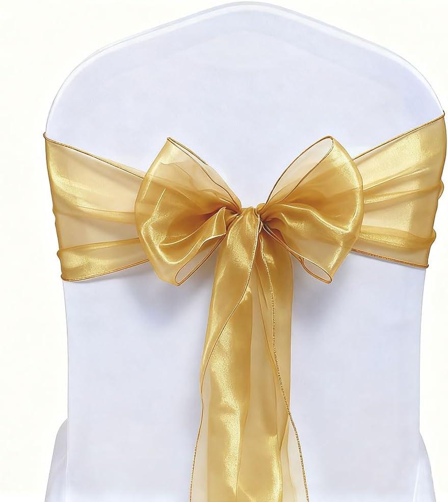 Organza Gold Chair Sashes 50 Pack Universal Chiffon Ties Ribbons for Wedding Christmas Party Reception Ceremony Banquet Decor, Gold Chair Bows for Chairs