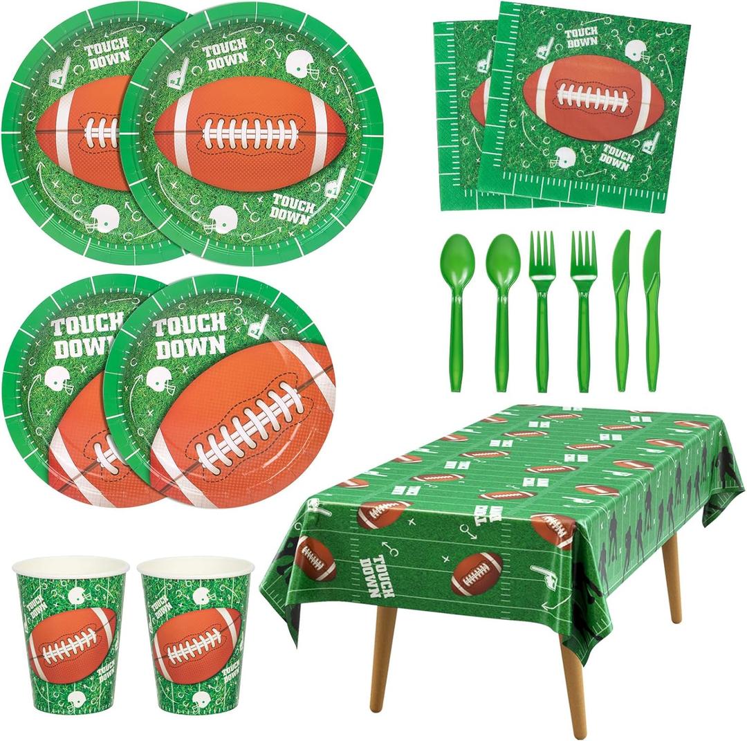 DECORLIFE Football Party Supplies Kits Serves 24, Football Themed Plates and Napkins Includes Tablecloths, Cups for Football Birthday Party totally 169 PCS