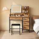 Vanity Desk with Mirror, 4 Fabric Drawers, LED, Bedroom, Rustic Brown, Size: 34.3in