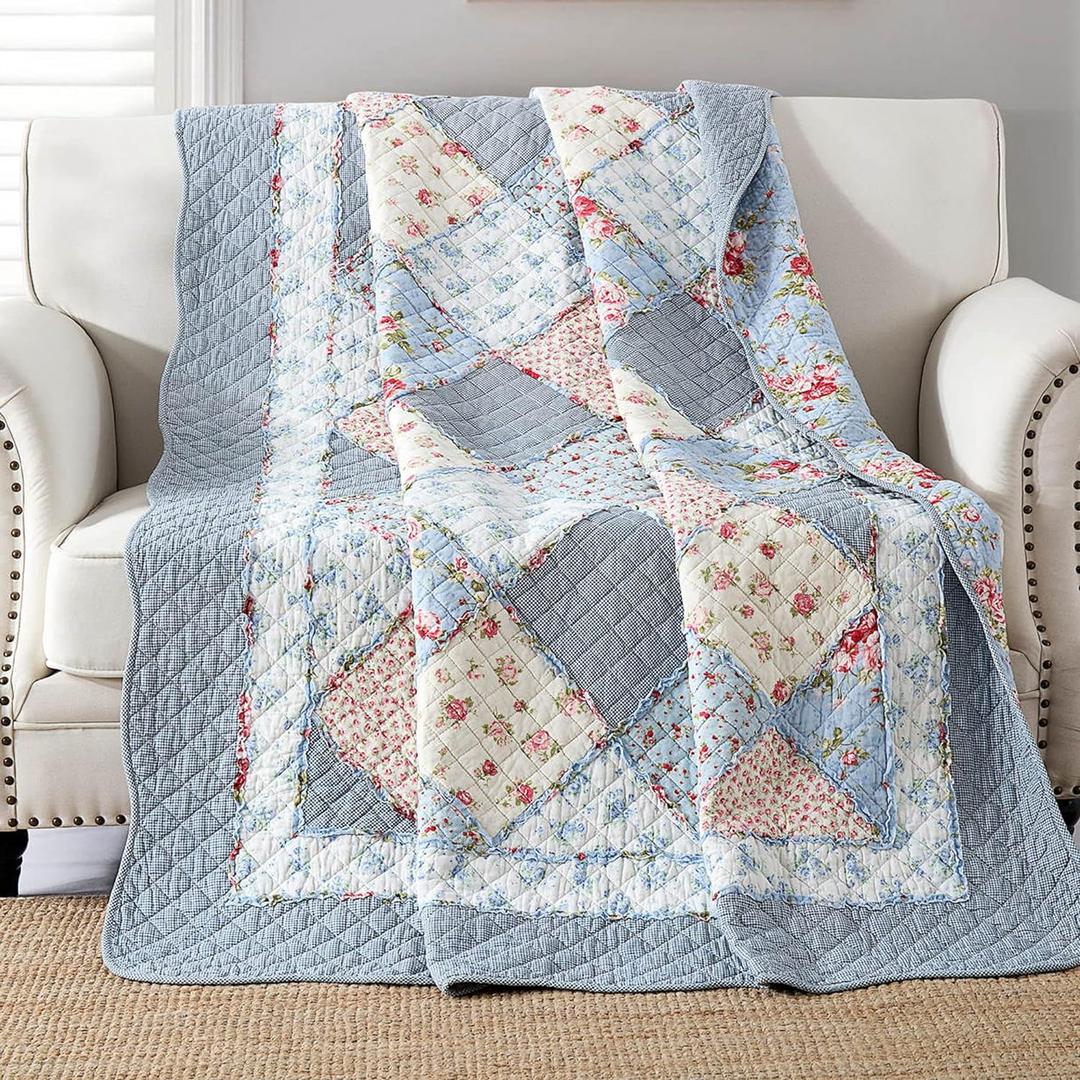 Twin Size Patchwork Quilt Blue Cotton Quilted Throw Blanket Reversible Bedspread Coverlet for Couch Sofa Lightweight Soft Floral Vintage Garden Flowers Comforter Bed Cover for Bed Home Bedroom Decor