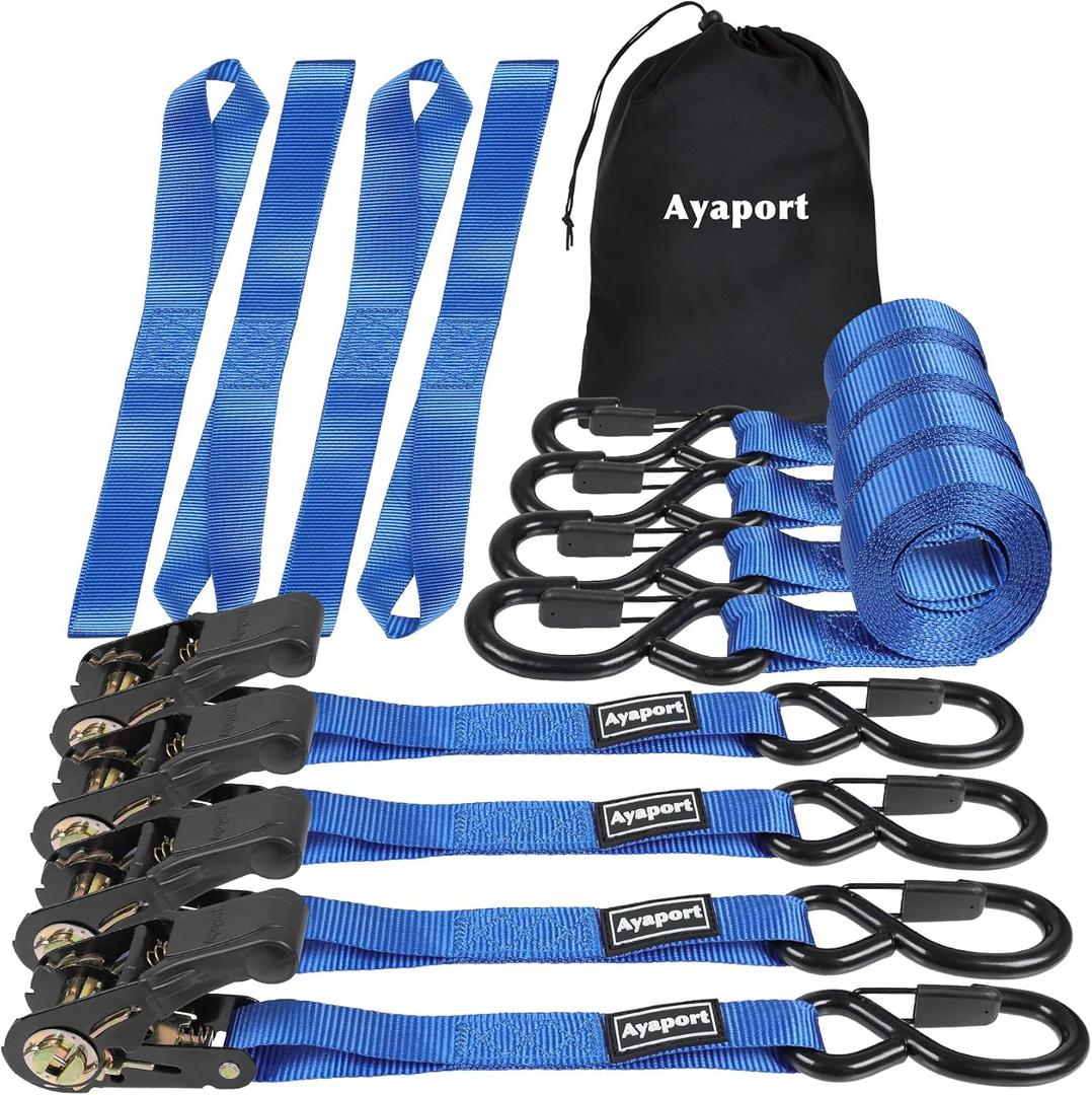 Ayaport Ratchet Straps Tie Downs, 1" x 10' Heavy Duty Ratchet Tie Down Straps, 1860lbs Break Strength, Larger Open S Hook W Safety Clip, Ratchet Strap for Motorcycle, Cargo, Truck Bed, Moving