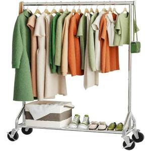Ekisemio Heavy Duty Rolling Clothes Rack with Wheels and Shelves, 450 lbs Capacity, Portable Garment Rack for Hanging Clothes, Standing Wardrobe for Closet, Bedroom, Commercial Use, Chrome