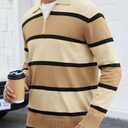 EDITCOZY Men Long Sleeve Polo Shirts Casual Vintage Striped Golf Shirts Knit Rugby Shirt Lightweight Polo Sweater Apricot M