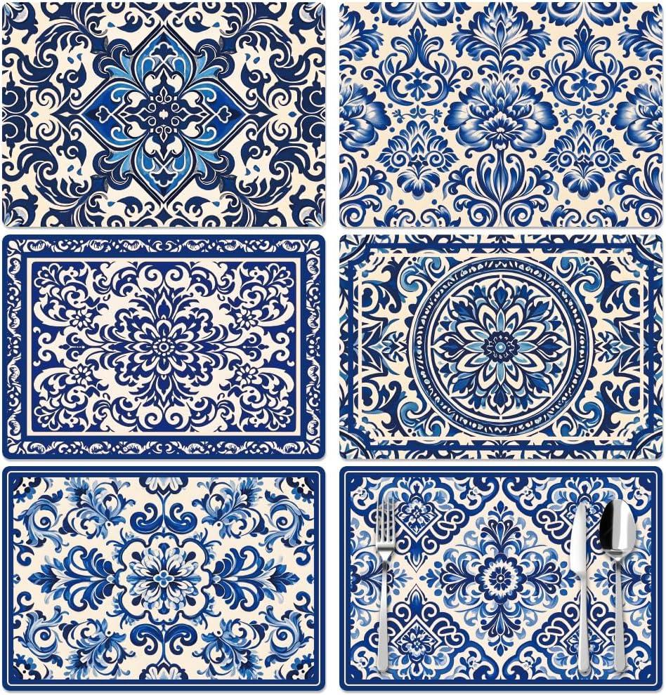 Peacoblue Blue Ethnic Pattern Placemats Set of 6,12"x17" Waterproof Washable Table Place Mats for Indoor Outdoor Farmhouse Party Kitchen Dining Table Decoration