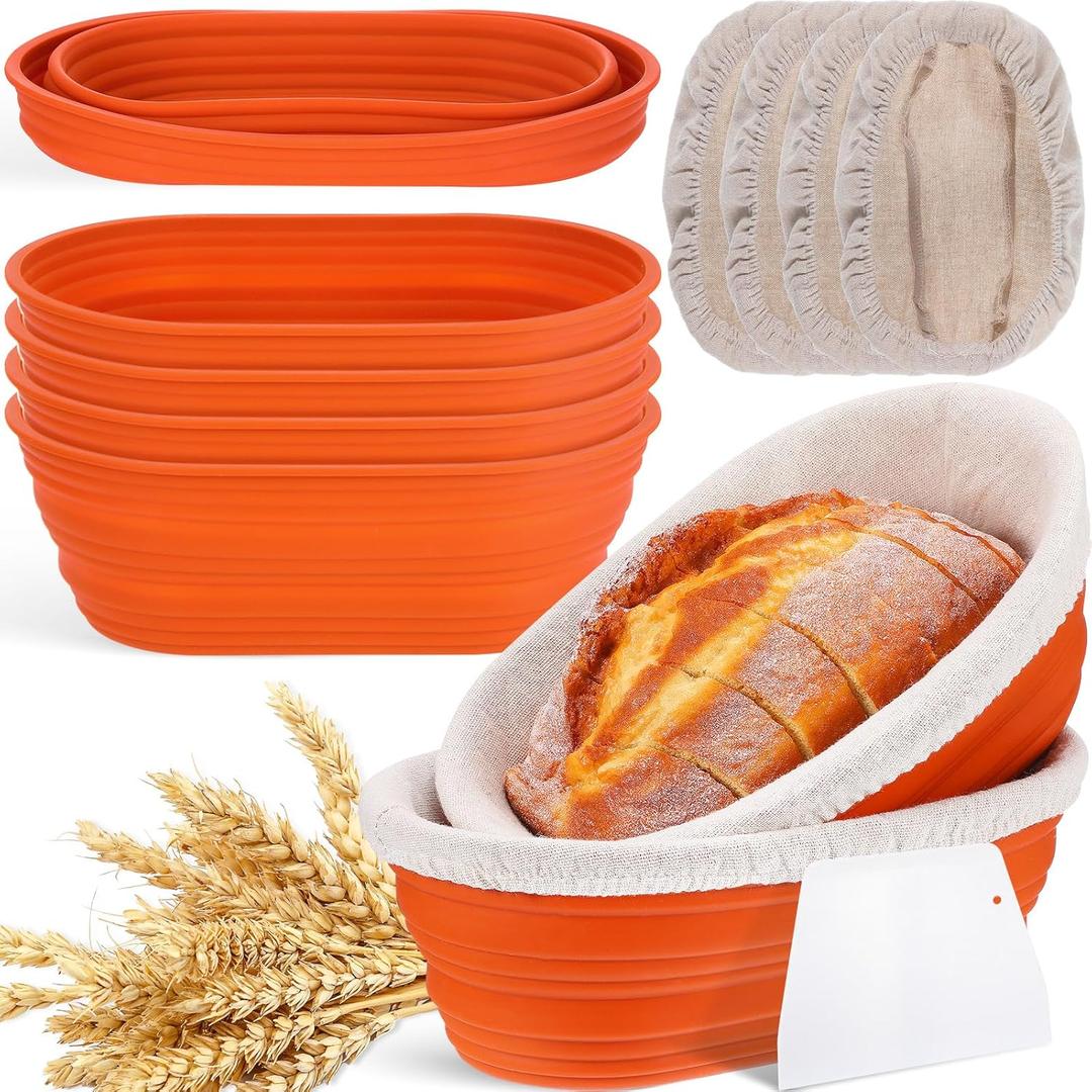 Nuogo 4 Pack Oval Bread Proofing Basket Silicone 10 Inch Collapsible Sourdough Bread Baking Supplies Dough Proofing Bowl with 4 Pcs Dough Scraper and 4 Pcs Basket Covers(Orange)
