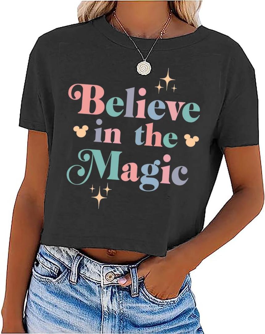 Magical Crop T Shirt for Women Magic Kingdom Shirt Family Vacation Tshirt Cute Castle Graphic Short Sleeve Tees XXL