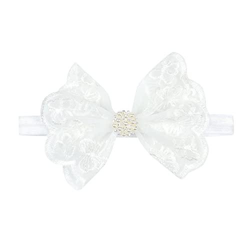 Koolgil Baby Girl's Elegant Lace Bow Knot Headband Children's Rhinestone Pearl Lace Headband for Birthday Party Photography (White Pearl)