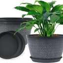 Quarut 10 Inch Flower Pots Planters for Outdoor Indoor, 3 Pack Plastic Plant Pots with Drainage Hole & Tray, Modern Decorative Garden Pot with Saucer, planters for House (Gray)
