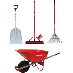 CRAFTSMAN CMXMKIT0130 4-Piece Outdoor Tool Set with D-Grip Poly Scoop Shovel, Rake, Squeegee Push Broom & 6 Cubic Ft. Wheelbarrow, Red