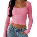 BZB Womens Long Sleeve Crop Tops Fall Y2K Lace Square Neck Slim Fitted Basic Ribbed Tee Blouse Shirts Pink, M