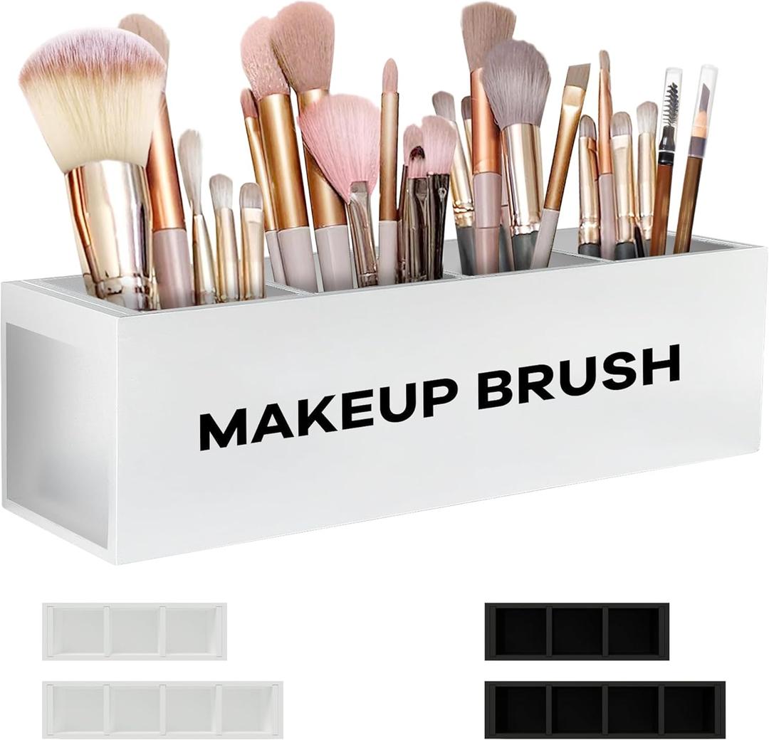 Suli Large Makeup Brush Holder Organizer, Wooden Cosmetic Brushes Storage with 4 Slots, Eyeliners Display Case for Vanity Desktop Bathroom Countertop -White