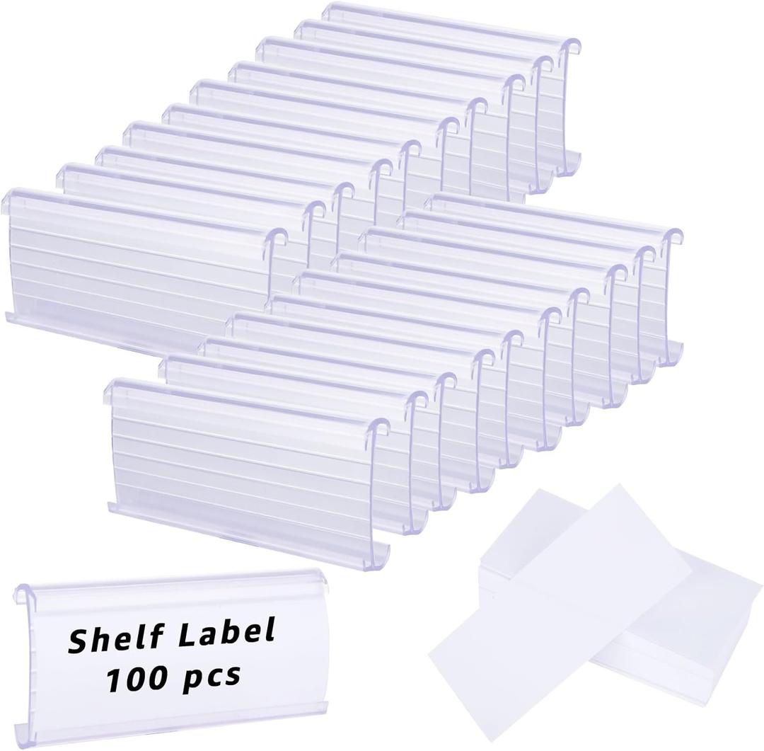 100 Pcs Wire Shelf Label Holders, Wire Rack Label Holder, Plastic Labels for Wire Shelving, Shelf Label Clips with Label Paper Inserts,Compatible with 1-1/4 Inch Shelves