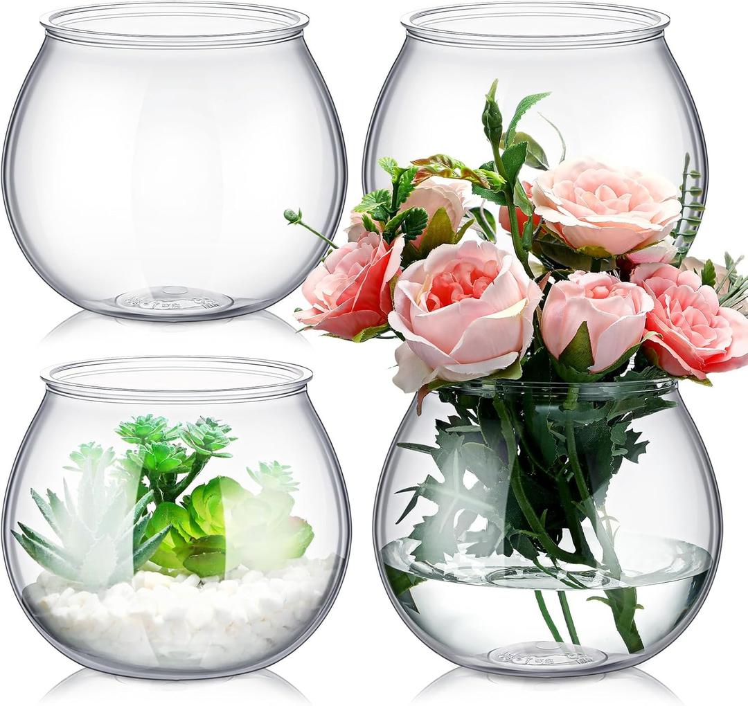 FoldTier 4 Pcs Plastic Fish Bowls for Centerpieces 27 oz Clear Fish Bowl for Drinks Unbreakable Heavy Duty Round Vase for Table Centerpieces Wedding Event Home Decor