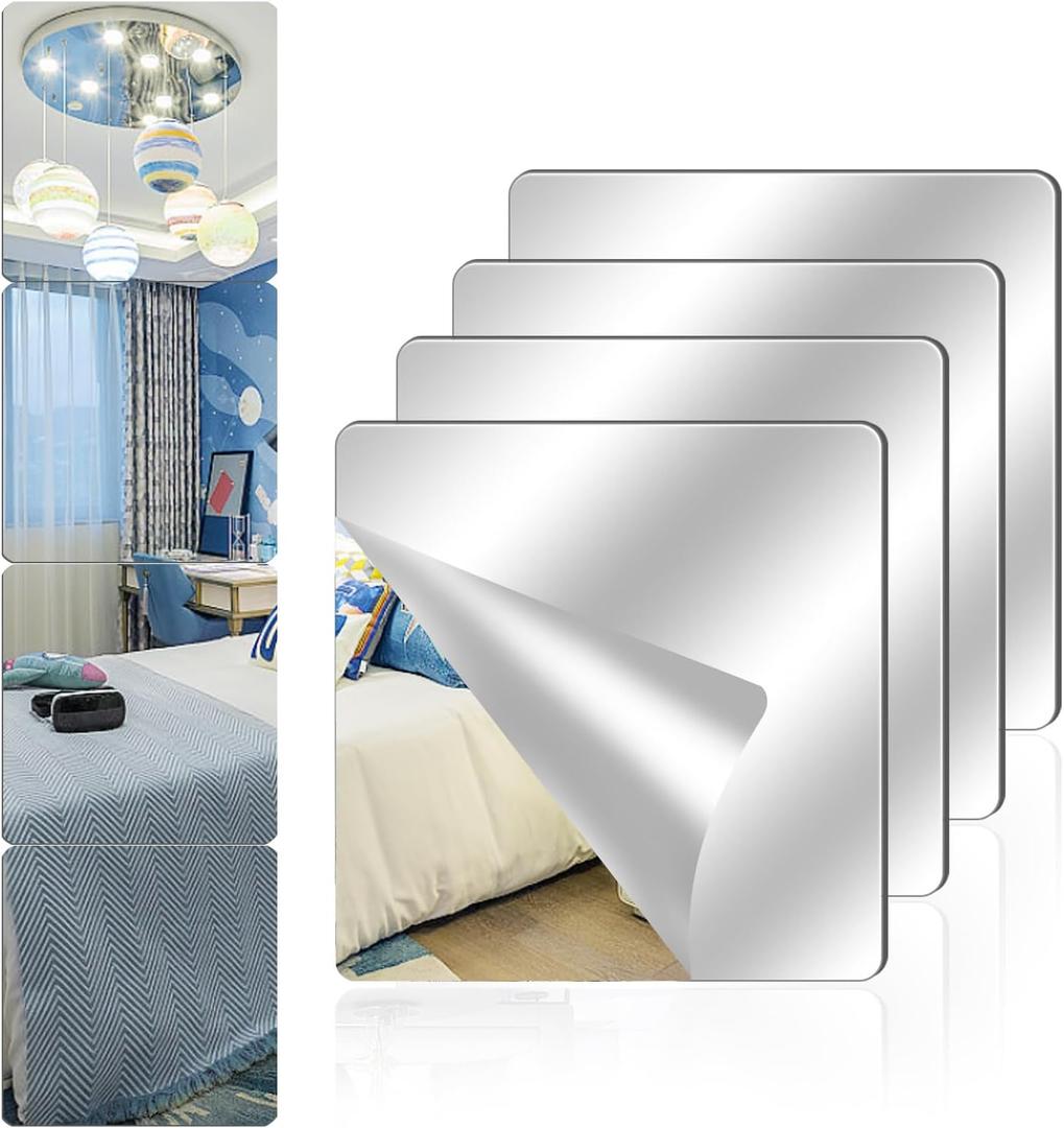 4 Pack Acrylic Mirrors for Wall,10" x 10" Self Adhesive Frameless Small Mirror Tiles, Flexible Plastic Mirror Sheets for Home Wall Decor Bedroom Gym DIY (4, 10"x 10")