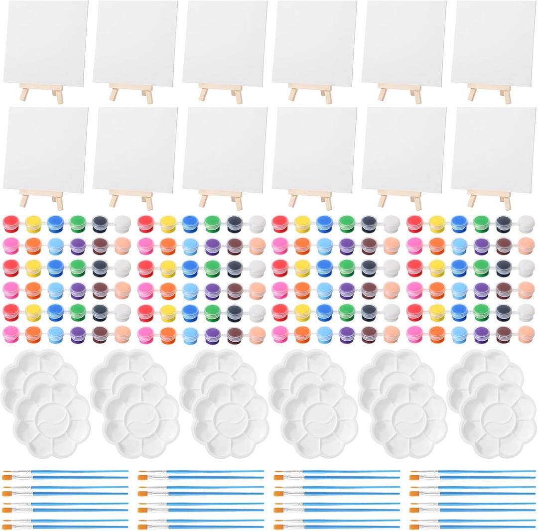 Qilery 12 Set Acrylic Paint Kit Mini Stretched Canvas with Easel, Acrylic Paints Strips, Brushes, Palette, Art Set for Kids Adults Classroom Birthday Party Favors(5.9" x 5.9")