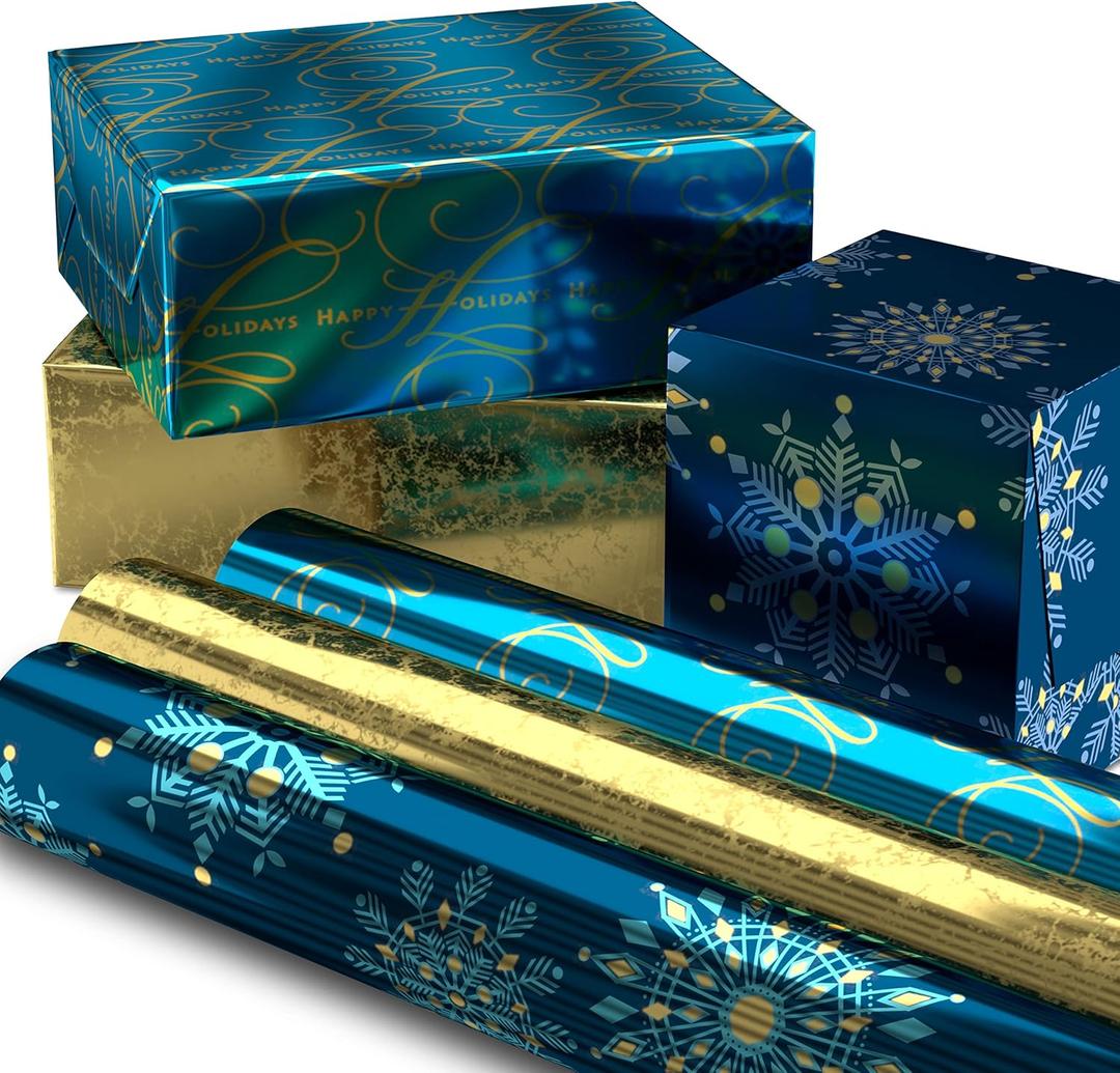 Hallmark Christmas Wrapping Paper Rolls, Metallic Foil Holiday Gift Wrap (Pack of 3: 60 sq. ft. ttl) Elegant Navy Blue and Gold for Christmas, Hanukkah, Weddings, Graduations