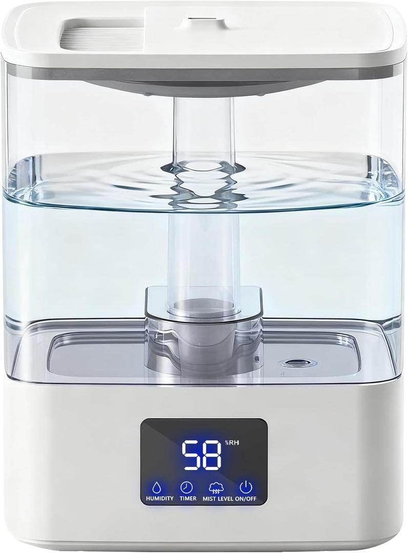 KZF 4L Top Fill Humidifiers for Bedroom & 60H Runtime - Cool Mist Humidifier, 3 Mist Levels, 8H Timer, Essential Oil Tray, Humidity Display, Quiet for Bedroom, Baby, Plants, Large RoomWhite