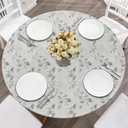 Modern Grey Blue Geometric Leaf Ethnic Flowers Round Fitted Tablecloth with Elastic Edge Waterproof Oil Proof Table Cover Cloth Round Tables for Dinner, Outdoor, Picnic(Fitted to 36"-44" Diameter)