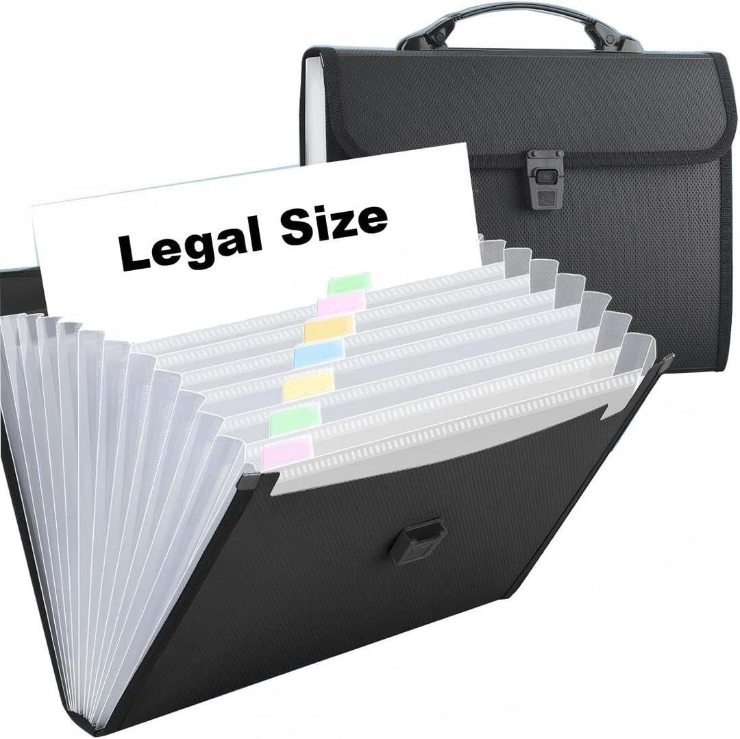Extra Large Legal Size/Foolscap 12 Pockets Accordion File Organizer with Handle, TRANBO Portable Expanding File Folder, Expandable Plastic Document Organizer for Travel School Office - Black