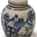 Blue and White 4.5in Porcelain Flower and Bird Small Oriental Jar with Lid
