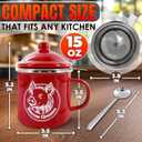 Mini Bacon Grease Container with Strainer, Lid & Spoon 15 oz Dishwasher Safe Enamel Grease Keeper with Lid & Stainless Steel Fine Mesh Strainer - Farmhouse Cooking Fat Storage Cup, Bacon Grease Jar