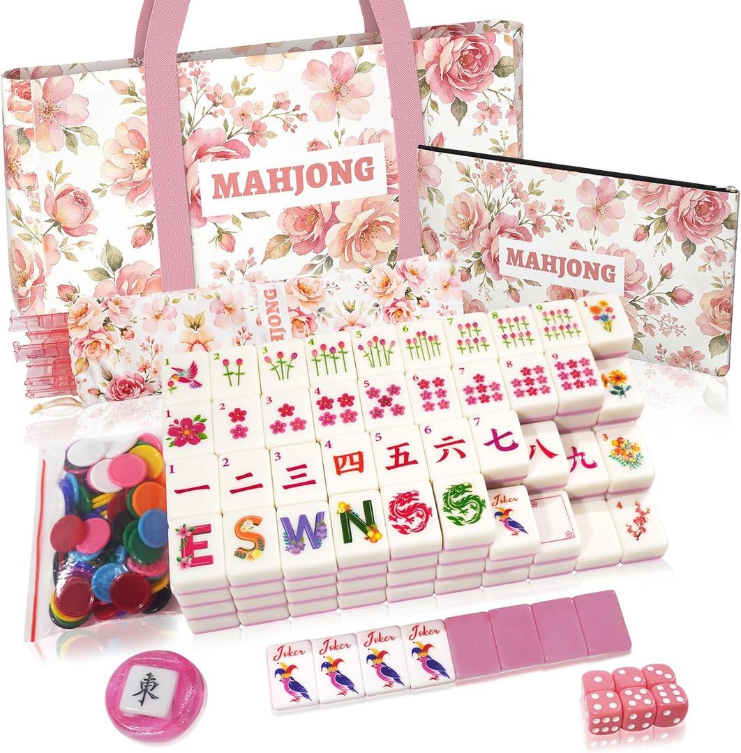 1.2” American Mahjong Set Complete - 168 Pink Floral Melamine Tiles, 4 Upgraded Non-Slip Mahjong Racks with Pushers, Bag, Dice & Chips, Pretty Mah Jongg Gift for Women Mom Birthday Beginners