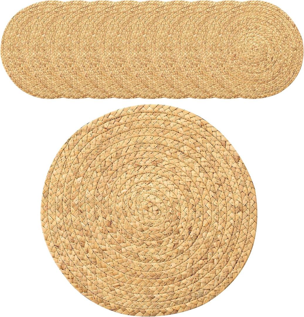 14'' Round Woven Placemats Set of 10 - Natural Extra Wide Placemats Braided Heat Resistant Placemats Farmhouse Boho Fringe Place Mats Wipeable Circle Wicker Placemats, Nature