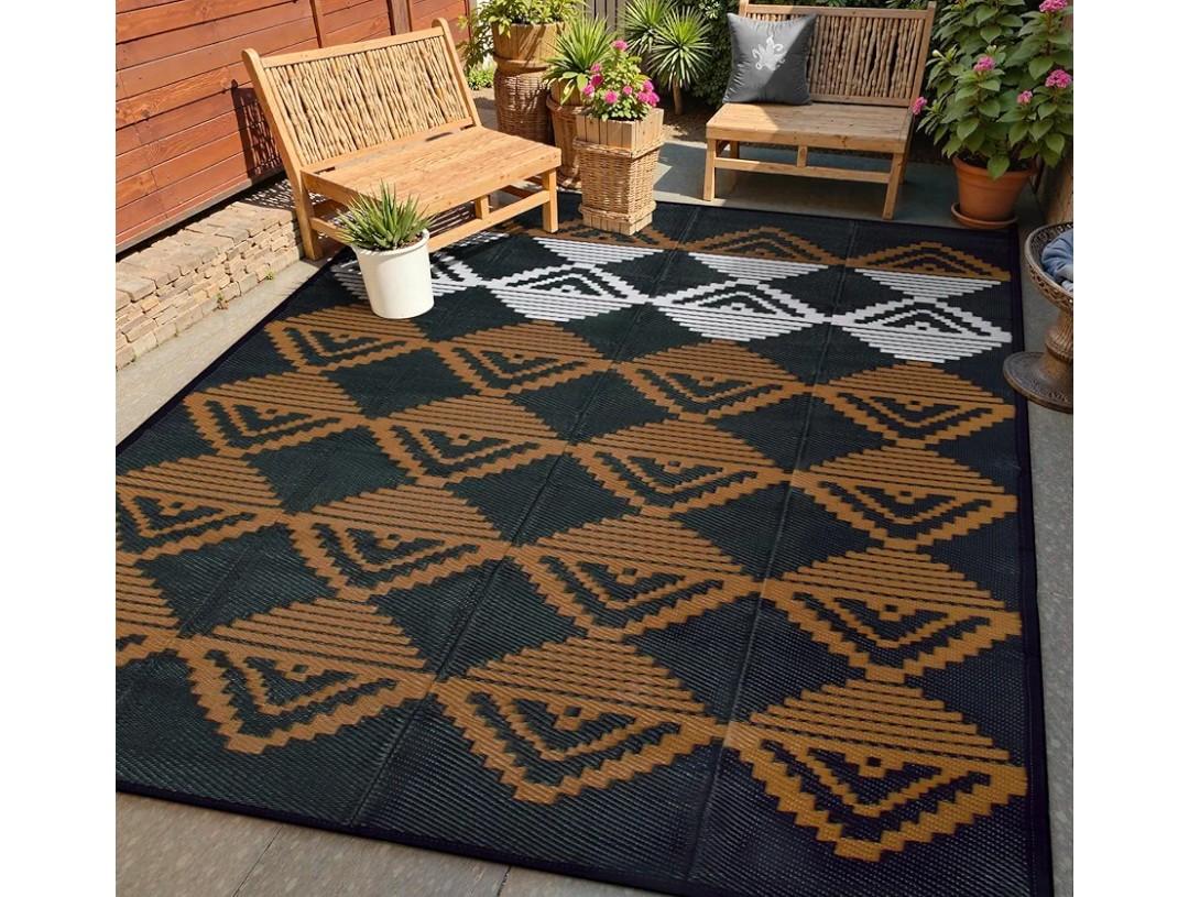 Lahome Outdoor Rugs 8x10 Waterproof, Reversible Plastic Large Outdoor Rug for Patios, Outside RV Mat Carpet for Patio Deck Porch Backyard Balcony Picnic Trailer (Black/Brown, 8' x 10')