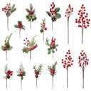 Crafare 36 Pack Small Christmas Picks Assorted Size Red Berry Picks Stems with Pinecones for Christmas Holiday Floral Arrangement Winter Holiday Season Decoration