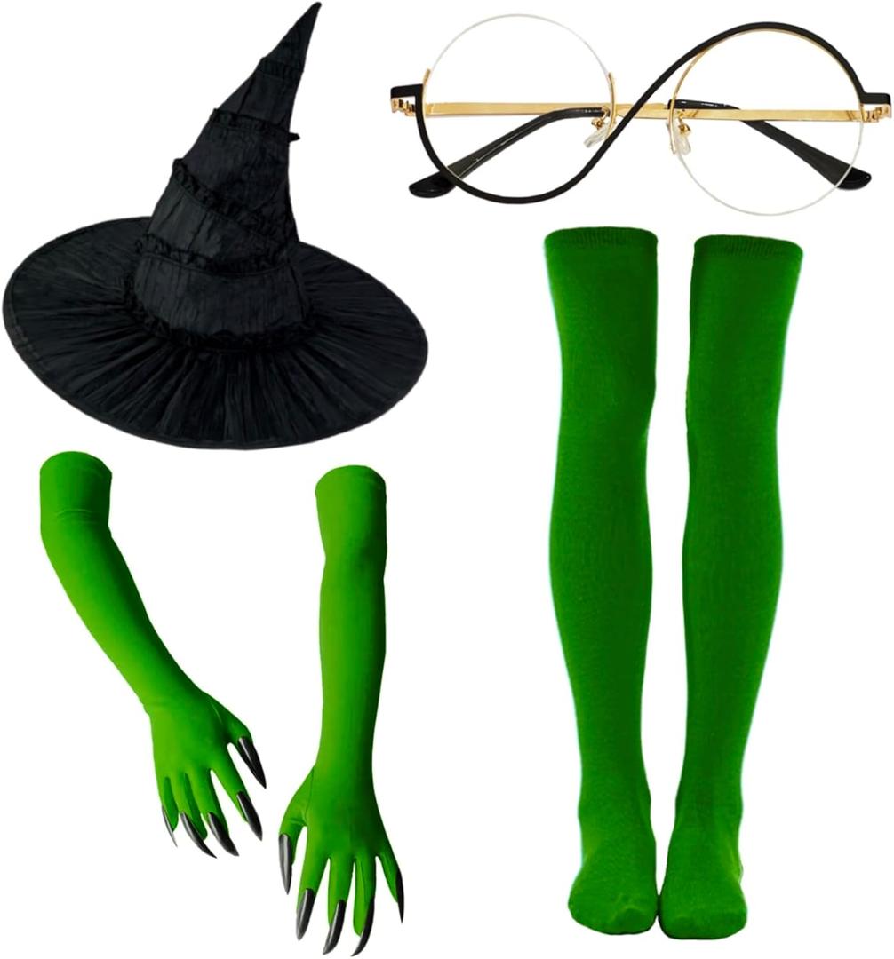 Witch Costume Accessory Set  Black Hat, Round Glasses, Green Claw Gloves & Matching Green Socks for Halloween, Cosplay & Dress-Up