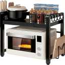 Adjustable Microwave Oven Rack, Microwave Stand Shelf Heavy Duty 2-Tier Shelf with Cutting Boards Stand Knife Rack and Chopstick Holder for Kitchen Shelves Counter Top Organizer, Holds 55lbs,6 Hooks