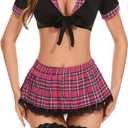 Lidogirl Women Tie-Front Crop Top And Lace Trim Plaid Skirt Set With Stockings XS-2XL (Small, Pink)