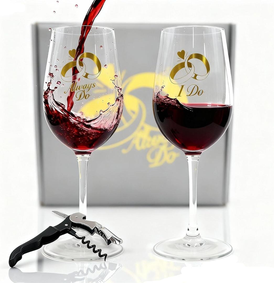 2 x Couples Wine Glass Set Gold Script I Do and Always Do 10OZ Lead-Free Long Stem Wine Glass of 2 with Premium Gift Box as Wedding, Engagement, Bridal Shower, Anniversary, Valentine's Day Gift