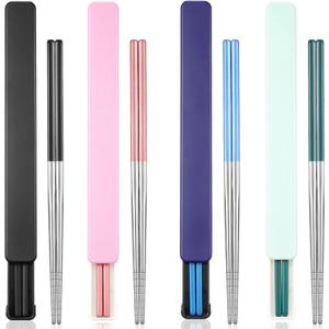 Patelai 4 Pairs Portable Chopsticks with Case Stainless Steel Chopsticks Reusable Portable Utensil for Travel, Office Lunch & Holiday Gift for Friends & Family