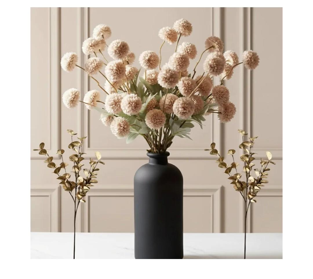 Beige Fake Flowers Silk 10 Mum Stems Eucalyptus Arrangement, Faux Flowers For Vase, Artificial Mums, Mini Floral Long Stem, Tan Nude Cream Neutral Floral, Chrysanthemum Pom Pom Floral Arrangement