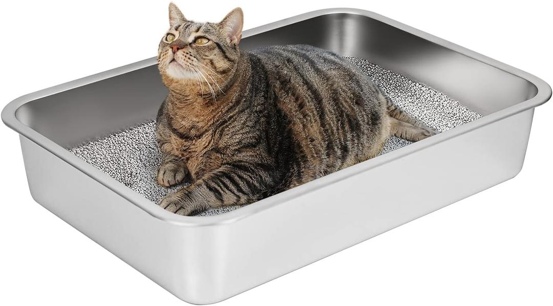 IKITCHEN Stainless Steel Cat Litter Box, Large Metal Litter Box for Cats, Never Absorbs Odors,Stain Free, Rustproof, Non Stick Smooth Surface, Anti-Slip Rubber Bottom, 23.5" L x 15.5" W x 4" H