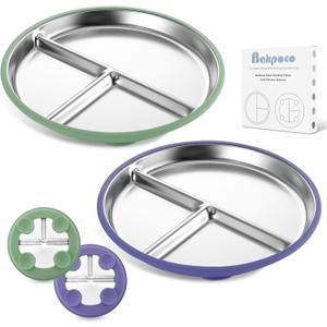 Stainless Steel Toddler Plate with Suction, 9 Divided Plates with Removable Silicone Sleeves for Baby, Non Toxic & BPA Free | Non Slip | Unbreakable Kids Snack Dishes Set of 2, Green & Purple